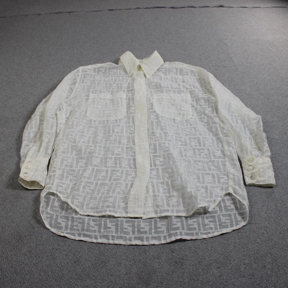 Fendi Shirt Women Large White FF Logo Monogram Sheer Long Sleeve Button Y2K READ